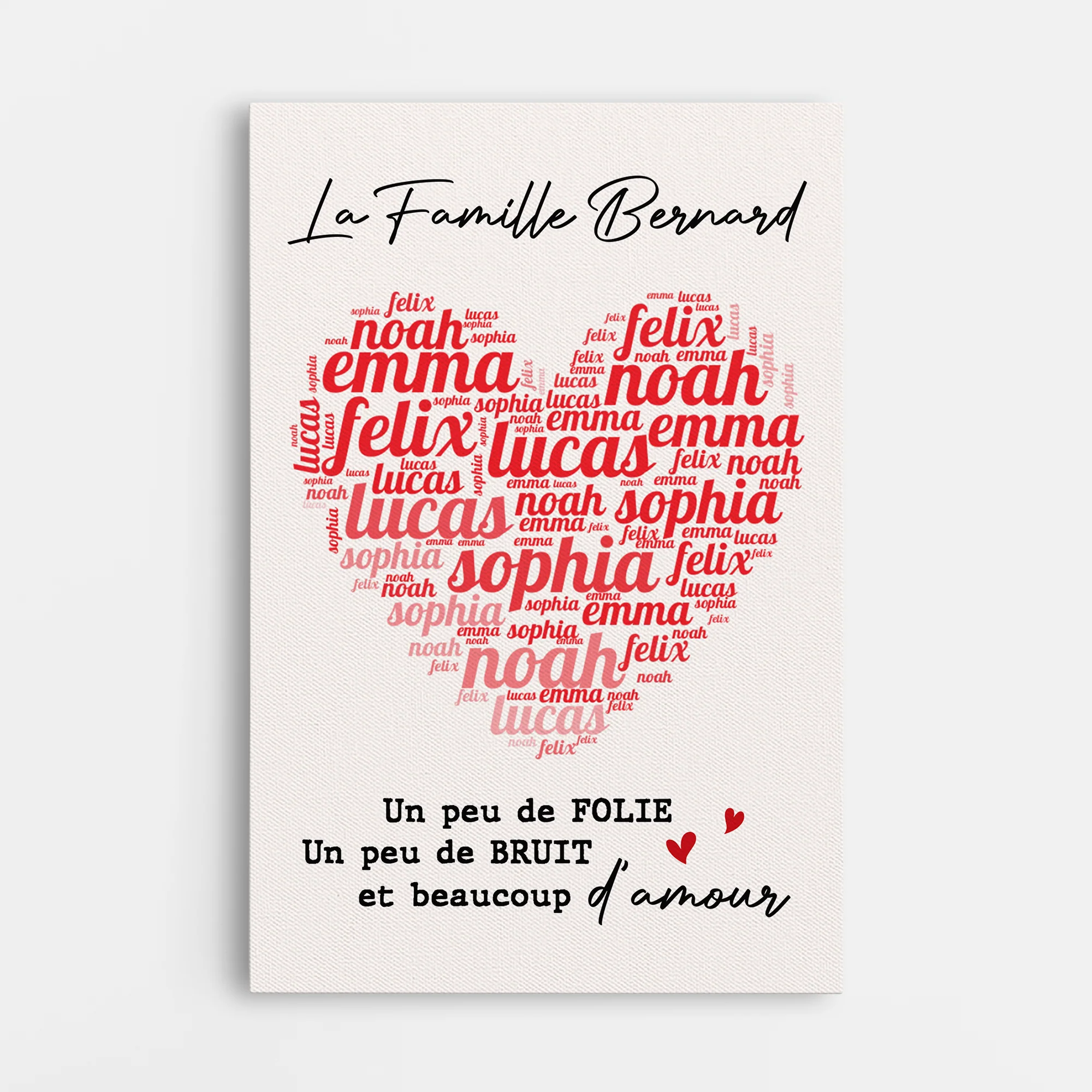 Toile Famille Avec Prénoms et Coeur Personnalisée – Bruit Et Amour