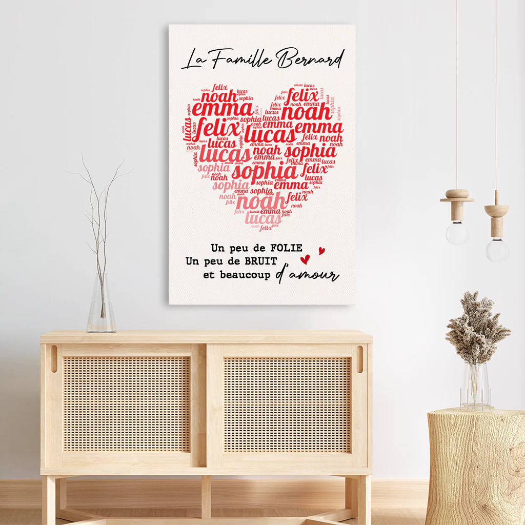 Toile Famille Avec Prénoms et Coeur Personnalisée – Bruit Et Amour - Image 3