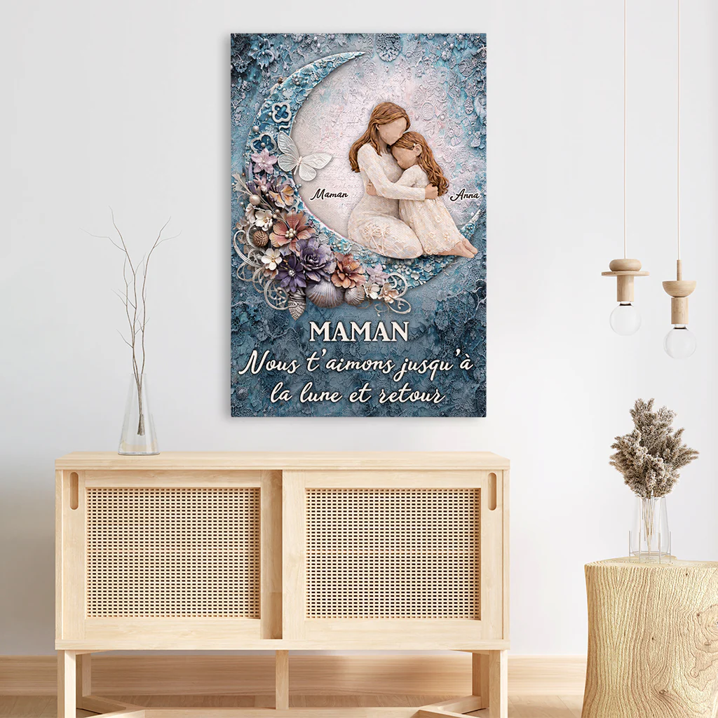 Toile Fete Des Meres | Maman Papa Je T’aime Jusqu’à La Lune Personnalisé - Image 3
