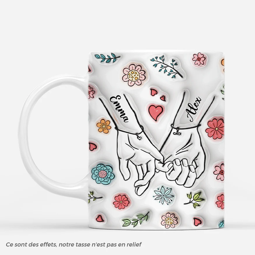 [Effet d'impression 3D] Mug Couple Personnalisé - Doigts Croisés Avec Fleurs Colorées