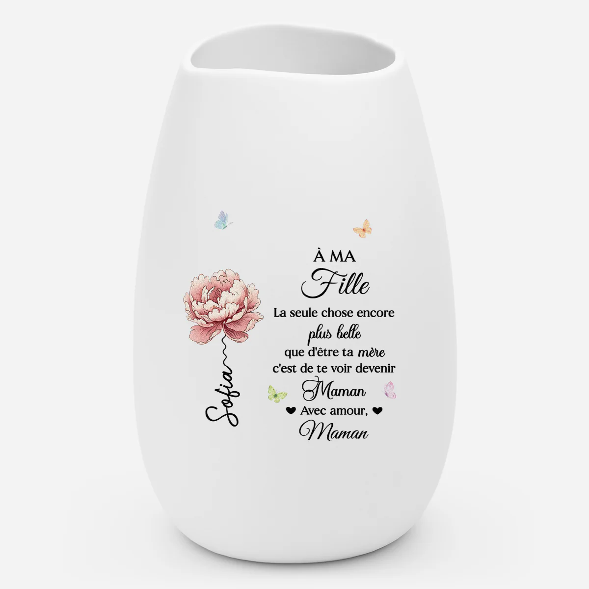 Vase Personnalisé Céramique Mate Avec Prénom Et Fleur - Cadeau Pour Fille Enceinte
