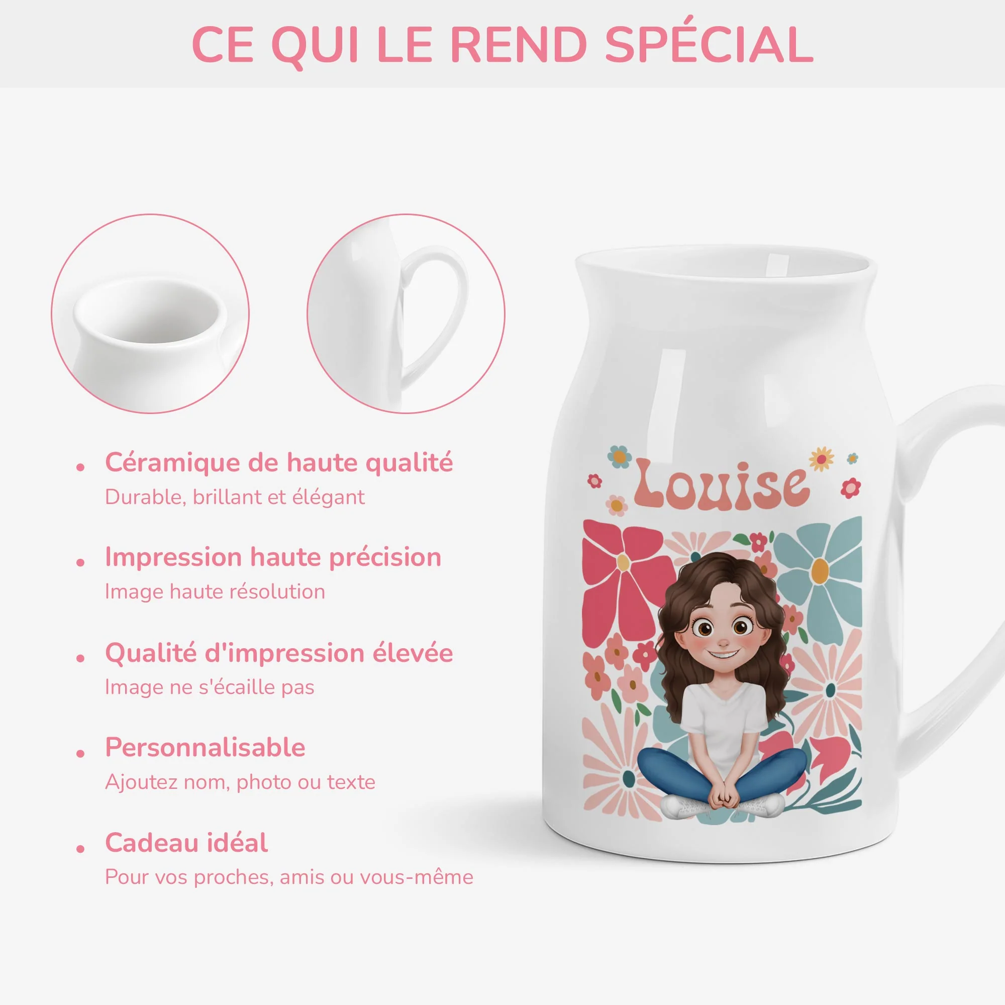 Vase Personnalisé Prénom - Cadeau Pour Femme Avec Dessin Cartoon Floral - Image 4