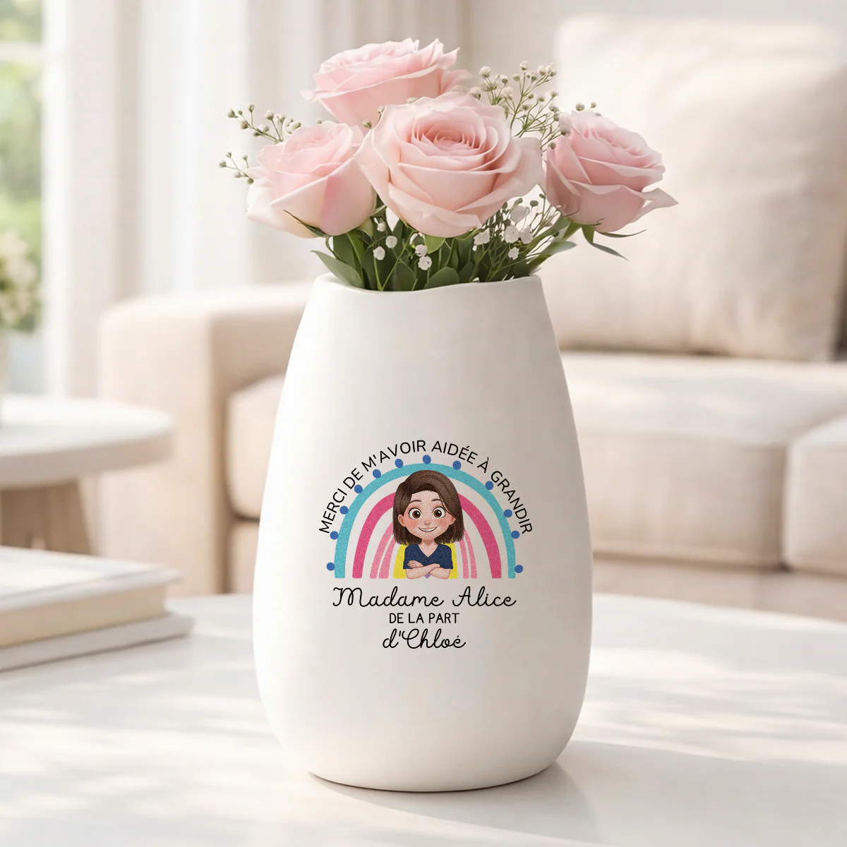 Vase Personnalisé Prénom En Céramique Mate - Merci Maîtresse De Nous Aider À Grandir - Image 2