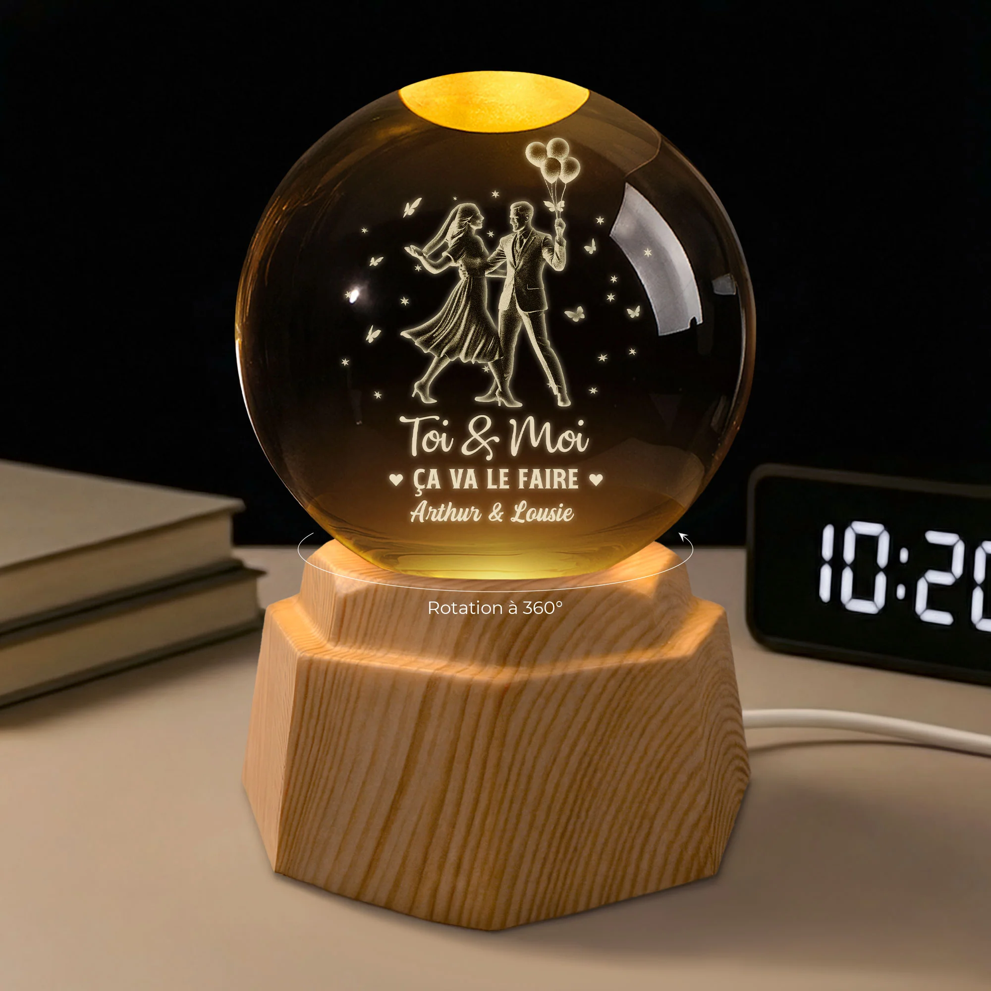 Veilleuse Boule De Cristal 3D Personnalisée Couple - Toi Et Moi Ça Va Le Faire