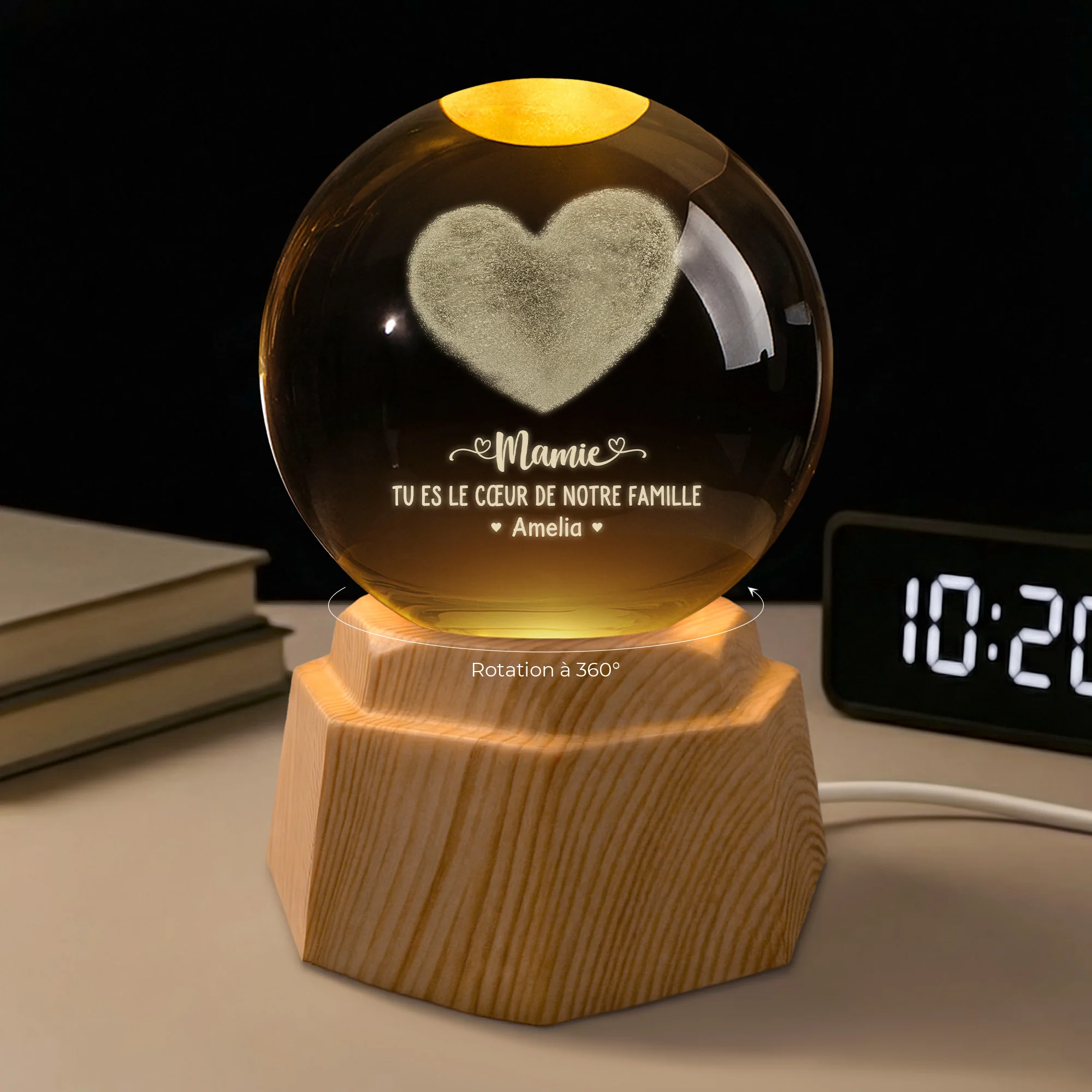 Veilleuse Boule De Cristal 3D Personnalisée | Maman Papa Coeur De Famille - Image 2