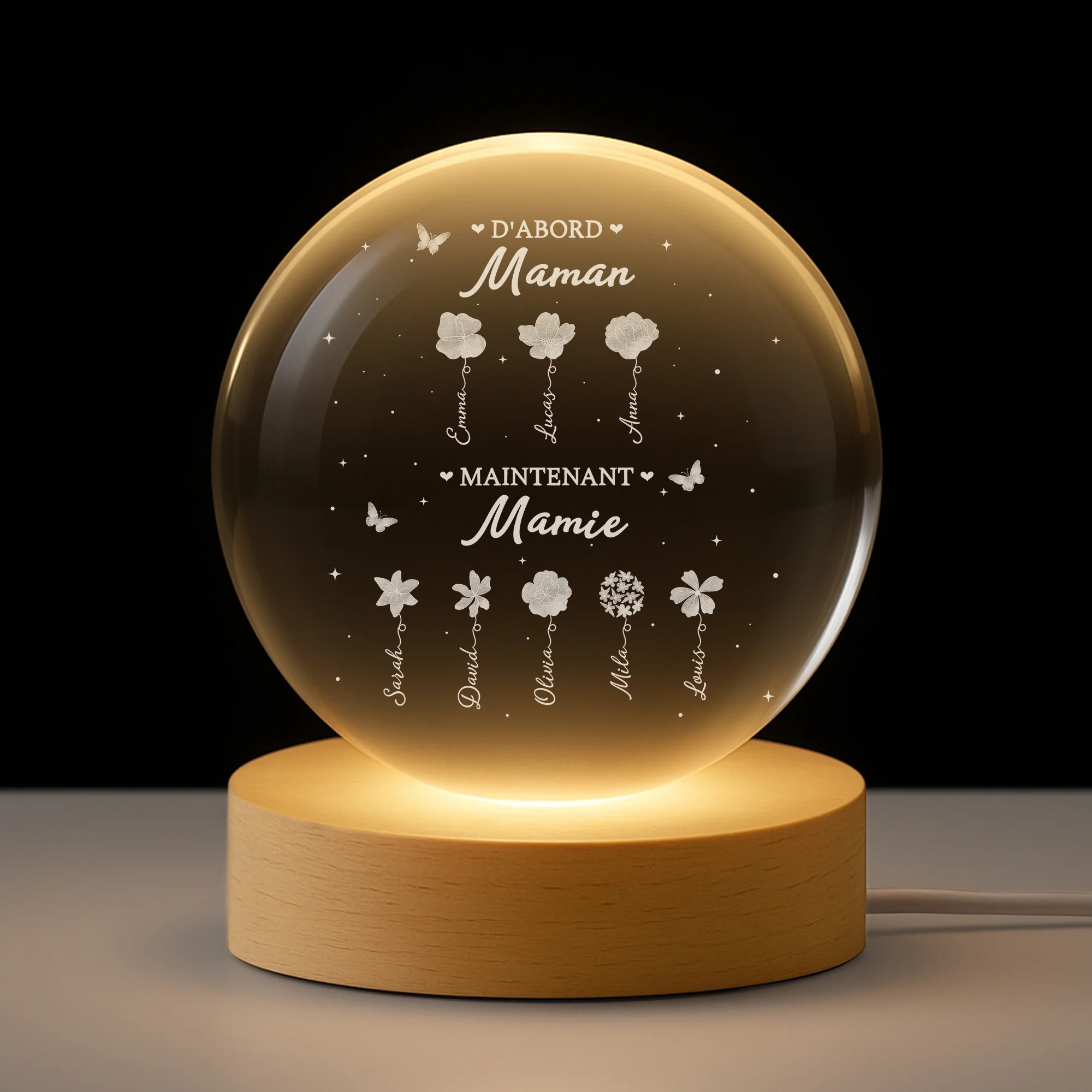 Veilleuse Boule De Cristal Personnalisée Maman - D'abord Maman Ensuite Mamie