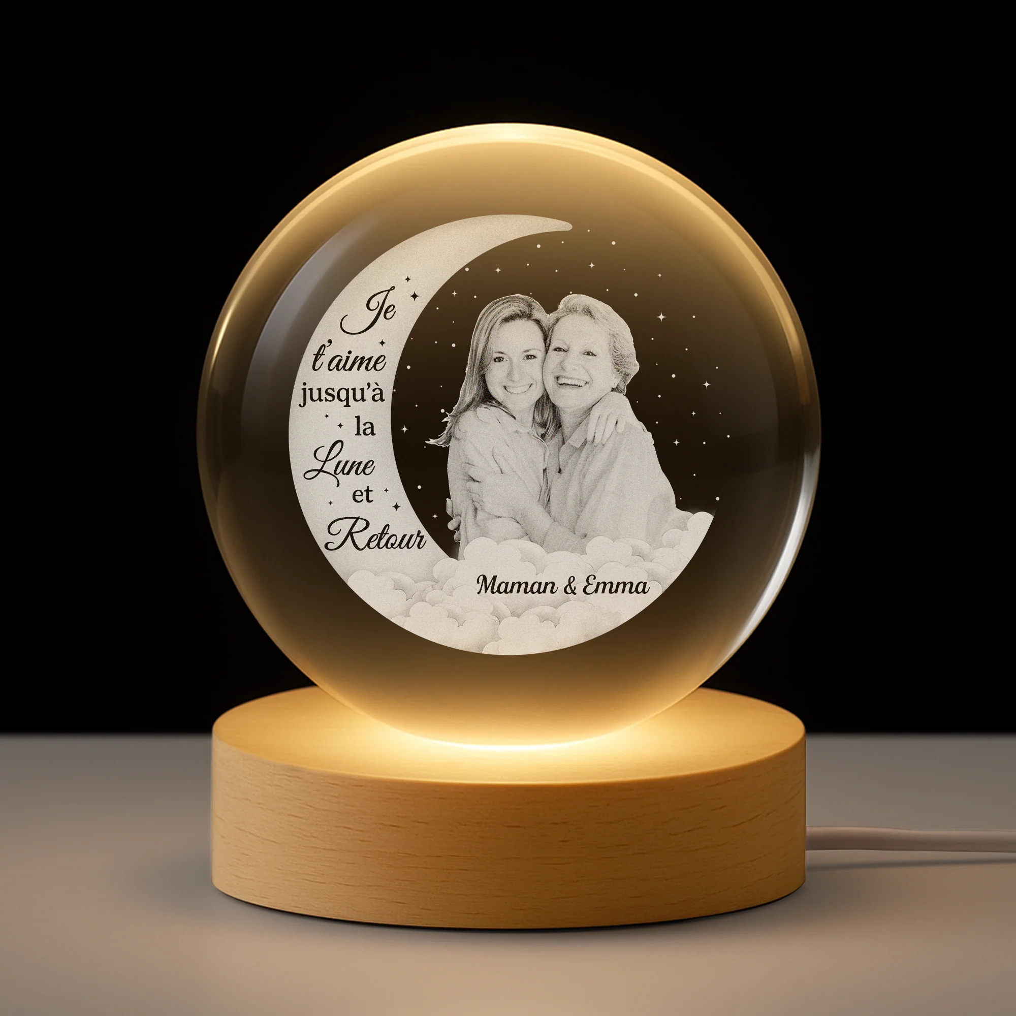 Veilleuse Boule De Cristal Personnalisée - T’aime Jusqu’à La Lune Avec Photo De Maman Papa