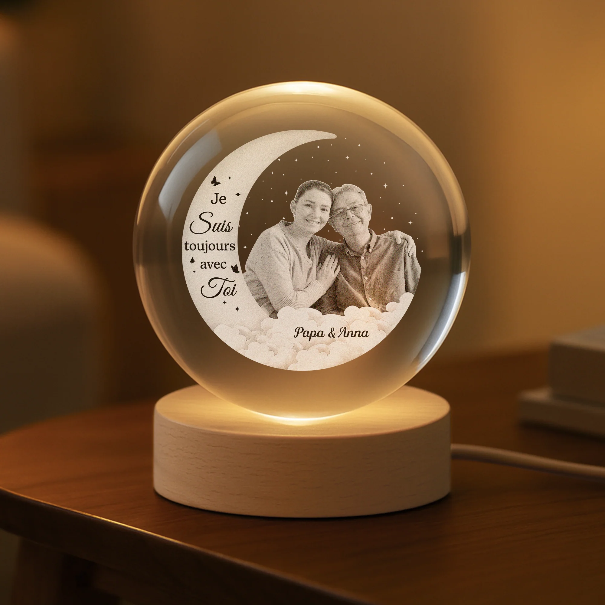 Veilleuse Boule De Cristal Personnalisée - T’aime Jusqu’à La Lune Avec Photo De Maman Papa - Image 2