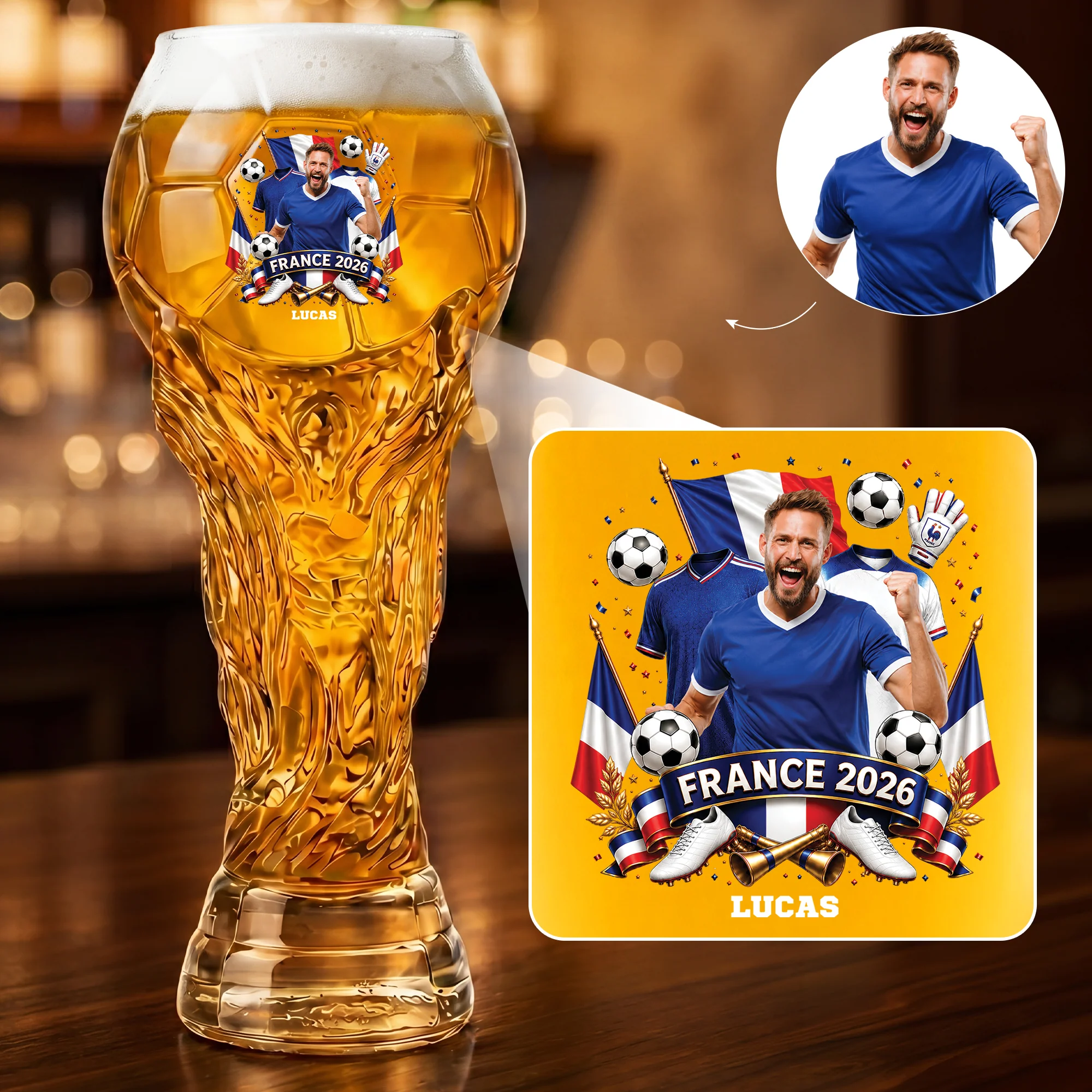 Verre À Bière Trophée De Foot Personnalisé - Cadeau Fan De Foot Avec Nation Et Photo