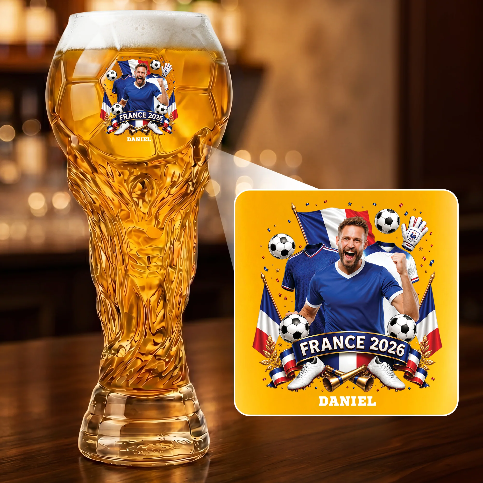Verre À Bière Trophée De Foot Personnalisé - Cadeau Fan De Foot Avec Nation Et Photo - Image 2