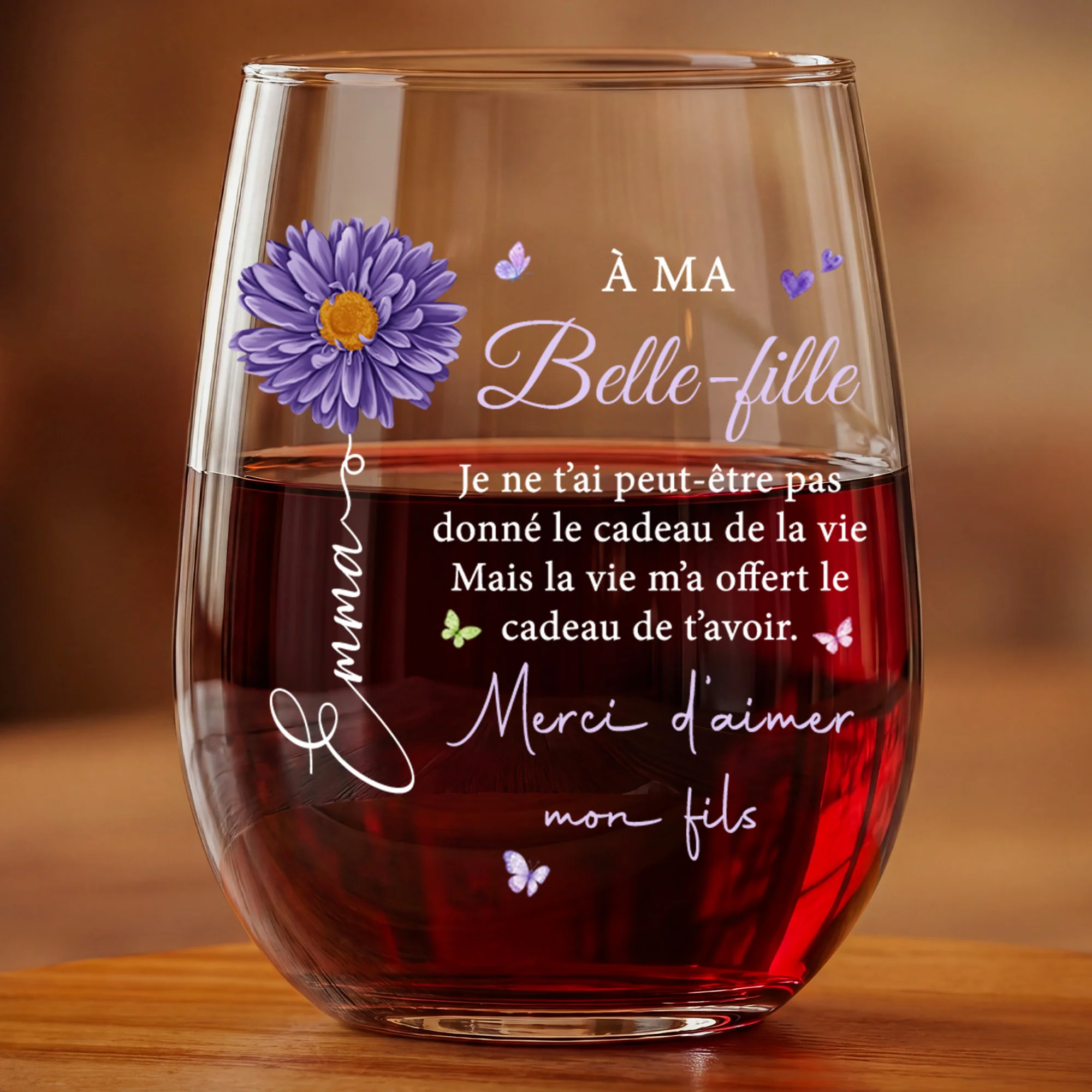 Verre À Vin Personnalisé Sans Pied Avec Fleur - Cadeau Pour Belle-fille Merci D'aimer Mon Fils - Image 2