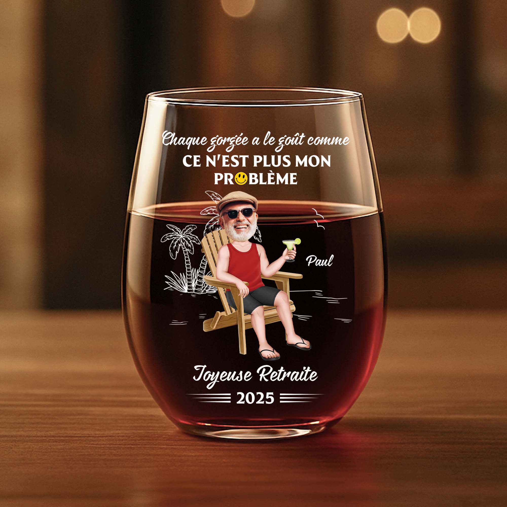 Cadeau Original Retraite - Verre à Vin sans Pied Personnalisé - Joyeuse Retraite - Image 2