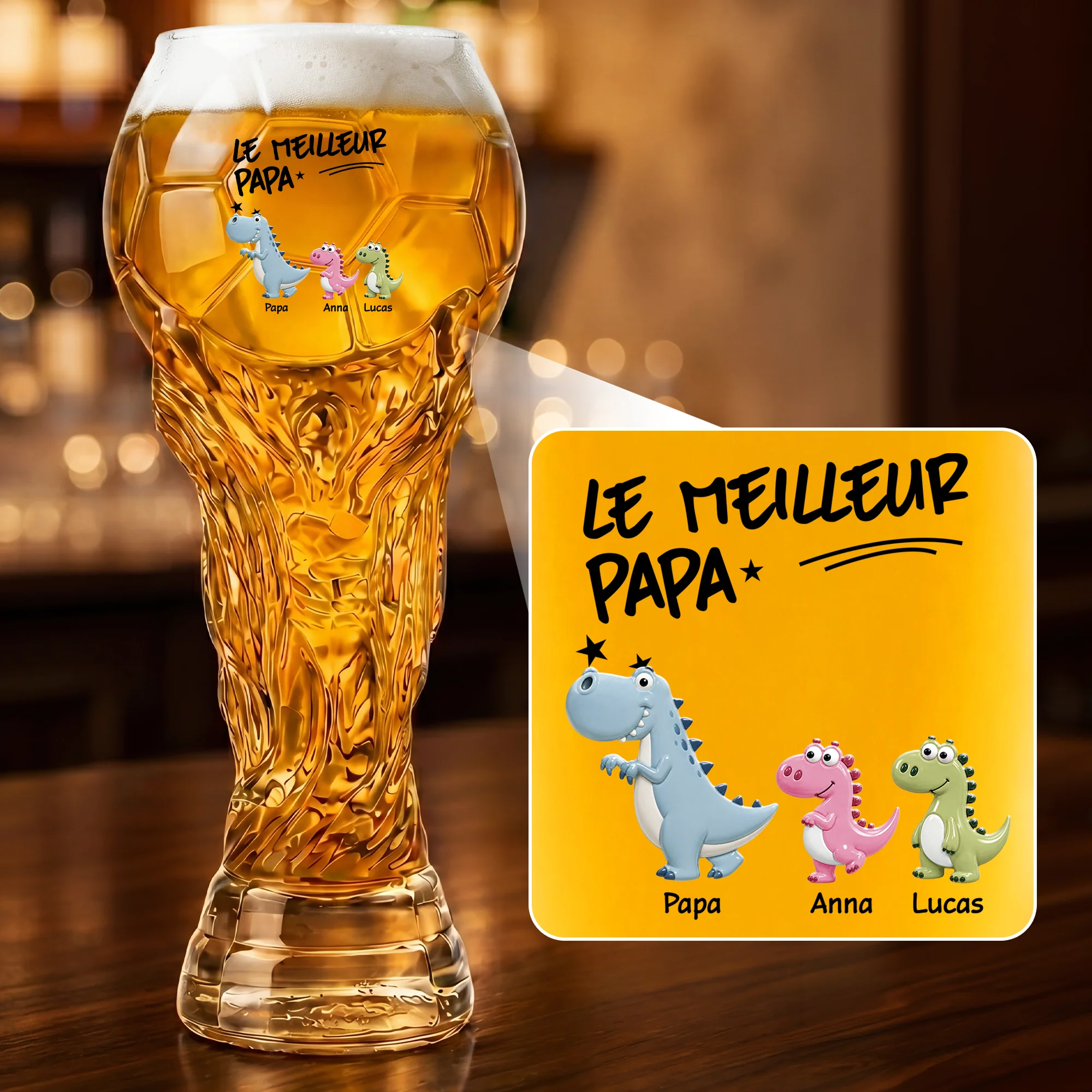 Verres À Bière Personnalisés Forme De Trophée Football - Meilleur Papa Dinosaure