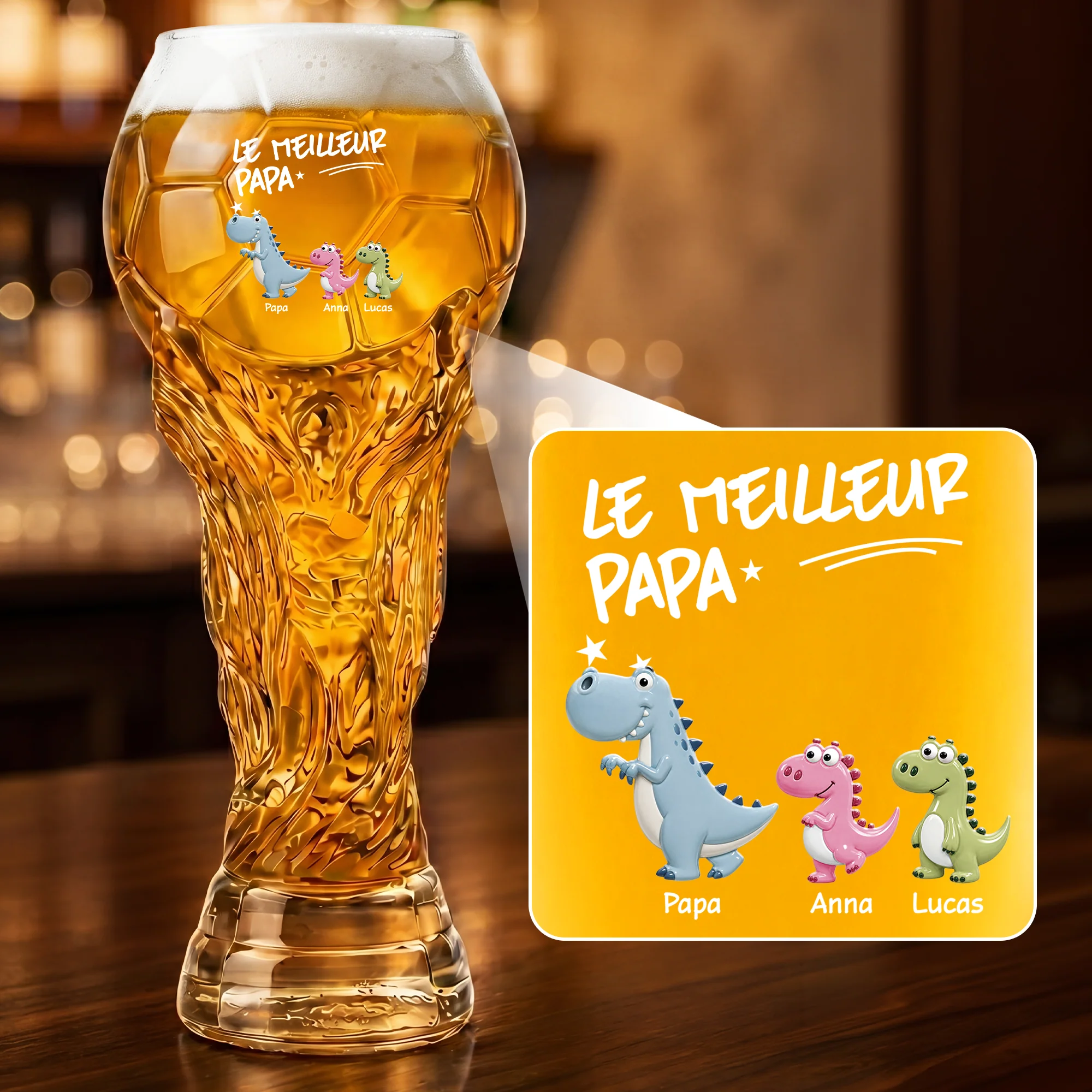 Verres À Bière Personnalisés Forme De Trophée Football - Meilleur Papa Dinosaure - Image 2